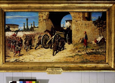 Avanti a braccia, entrada dos zouaves franceses e da artilharia toscana em Rubiera de Telemaco Signorini