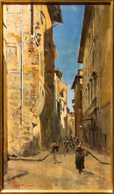 Vista Parcial de uma Rua no Centro Histórico de Florença, c.1880 (óleo sobre painel) de Telemaco Signorini