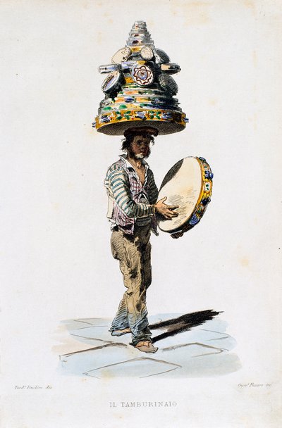 O tamborim homem, gravura de Giovanni Fusaro (1803-1894) de um desenho de Teodoro Duclere (1816-1867). Itália de Teodoro Duclere