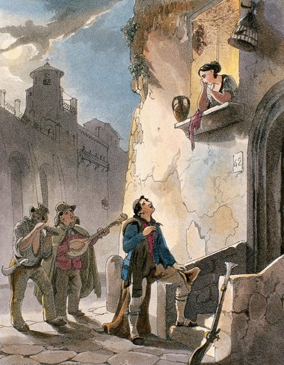 Serenata, ilustração de Fantasias e cenas populares de Nápoles por Achille Vianelli, c.1830 (aquatint) de Teodoro Guglielmo Witting
