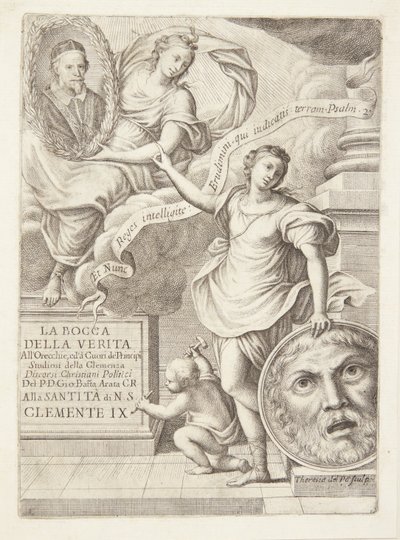 La Bocca della Verita. Título vinheta com retrato do Papa Clemente IX de Teresa del Pò