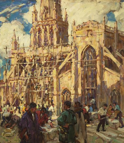 A reconstrução de St Mary Redcliffe, c.1920 (óleo sobre papelão) de Terrick Williams
