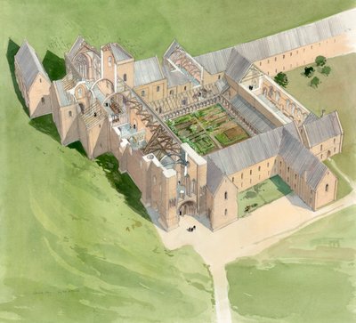 Vista aérea da Abadia de Lilleshall, por volta do final do século XV, c1990-2010 de Terry Ball