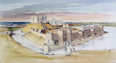 Ilustração do Castelo de York, North Yorkshire, como poderia ter sido no final do século 13, 1985 de Terry Ball