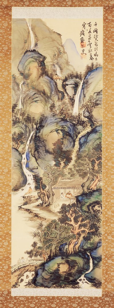 Paisagem em azul e verde, início dos anos 1910 (rolo suspenso: tinta e cor sobre seda) de Tessai Tomioka