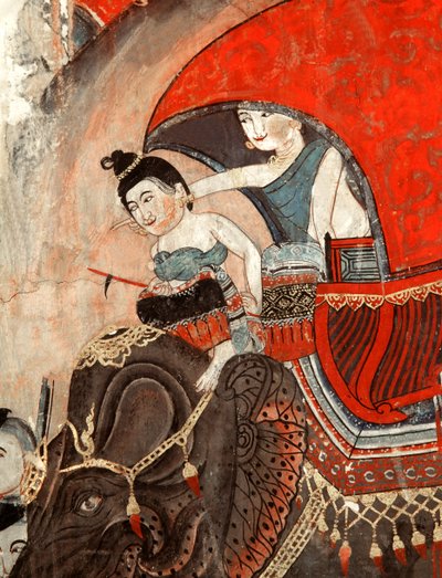 Uma princesa e atendente montando um elefante (mural) de Thai School