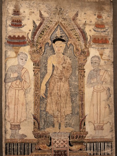 Banner representando Buda com discípulos, início do século XIX (pano pintado) de Thai School