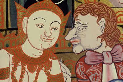 Pintura contemporânea no estilo clássico mostrando pessoas tailandesas e ocidentais (wc e ouro sobre papel) de Thai School