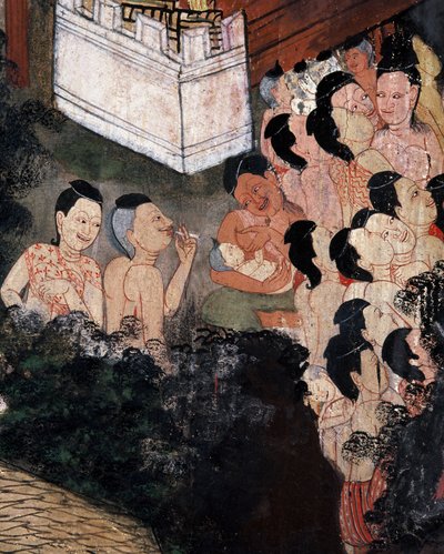 Multidão assistindo apresentações teatrais em um funeral (pintura de parede) de Thai School