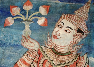 Detalhe de um mural no laikam Viharn em Wat Phra Singh de Thai School