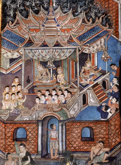 Detalhe dos murais de Viharn laikam retratando os contos de Sang Thong (mural) de Thai School