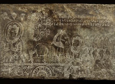 Painel de pedra gravado representando o Bjajajania Jataka Tale, de Wat Si Chum, Sukhothai, do século 14 ao 15 de Thai School