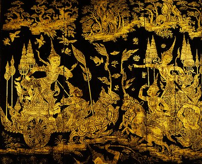 Episódio do Ramakien, detalhe de uma tela (ouro e verniz) de Thai School