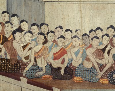Grupo de mulheres com trajes e cabelos curtos típicos do quarto reinado (pintura mural) de Thai School