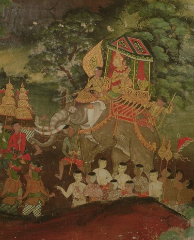 Rei Sanjaya em um elefante, Wat Suwannaram, Dhonburi, 1831 de Thai School