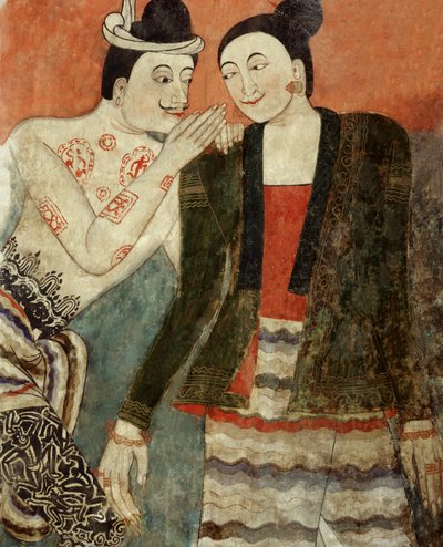 Amantes, detalhe de um mural em Wat Phumin (mural) de Thai School