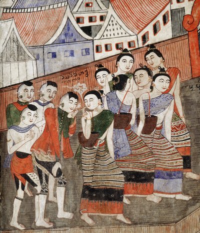 Amantes de fumar, detalhe de um mural em Wat Phumin (mural) de Thai School