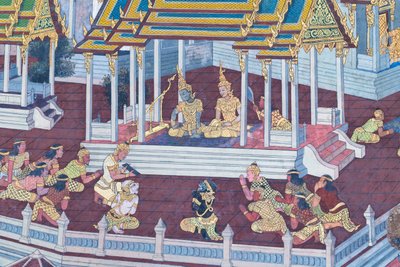 Cenas murais representando o Ramayana em Wat Phra Kaeo, o Grande Palácio Real, Banguecoque, Tailândia de Thai School