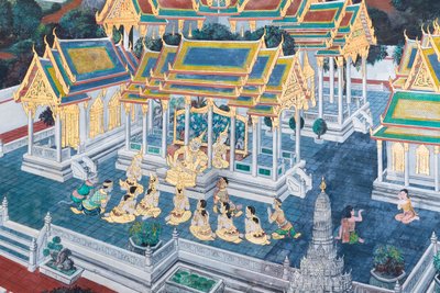 Cenas murais representando o Ramayana em Wat Phra Kaeo, o Grande Palácio Real, Banguecoque, Tailândia de Thai School