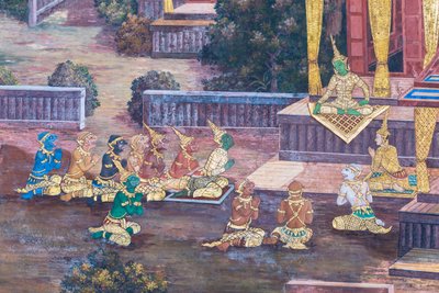 Cenas murais representando o Ramayana em Wat Phra Kaeo, o Grande Palácio Real, Banguecoque, Tailândia de Thai School