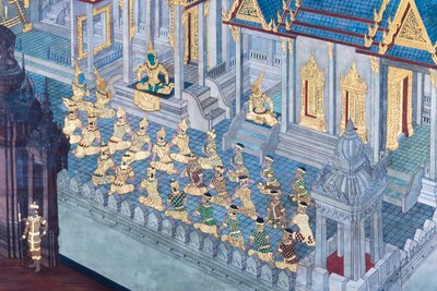 Cenas murais representando o Ramayana em Wat Phra Kaeo, o Grande Palácio Real, Banguecoque, Tailândia de Thai School