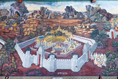 Cenas murais representando o Ramayana em Wat Phra Kaeo, o Grande Palácio Real, Banguecoque, Tailândia de Thai School