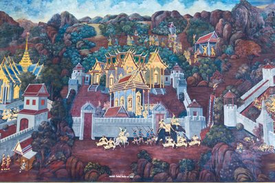 Cenas murais representando o Ramayana em Wat Phra Kaeo, o Grande Palácio Real, Banguecoque, Tailândia de Thai School