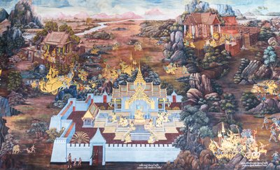 Cenas murais representando o Ramayana em Wat Phra Kaeo, o Grande Palácio Real, Banguecoque, Tailândia de Thai School