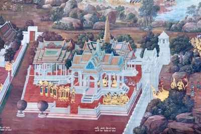 Cenas murais representando o Ramayana em Wat Phra Kaeo, o Grande Palácio Real, Banguecoque, Tailândia de Thai School