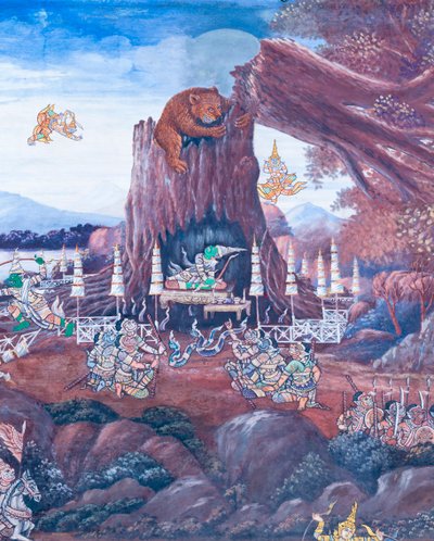 Cenas murais representando o Ramayana em Wat Phra Kaeo, o Grande Palácio Real, Banguecoque, Tailândia de Thai School