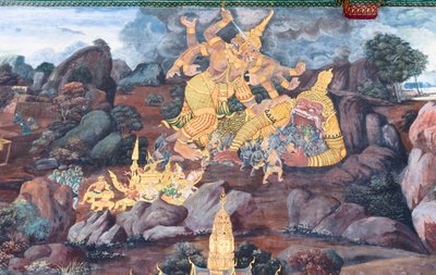 Cenas murais representando o Ramayana em Wat Phra Kaeo, o Grande Palácio Real, Banguecoque, Tailândia de Thai School
