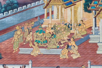 Cenas murais representando o Ramayana em Wat Phra Kaeo, o Grande Palácio Real, Banguecoque, Tailândia de Thai School