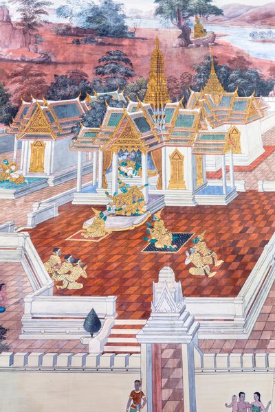 Cenas murais representando o Ramayana em Wat Phra Kaeo, o Grande Palácio Real, Banguecoque, Tailândia de Thai School
