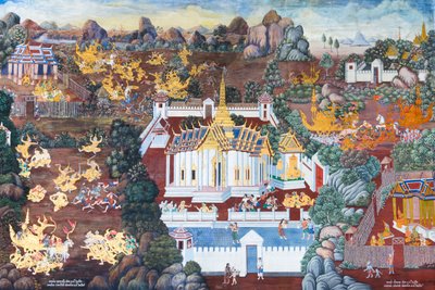 Cenas murais representando o Ramayana em Wat Phra Kaeo, o Grande Palácio Real, Banguecoque, Tailândia de Thai School