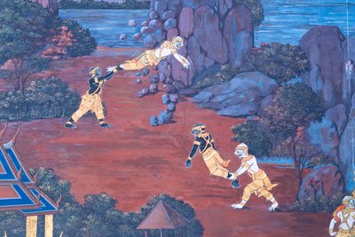 Cenas murais representando o Ramayana em Wat Phra Kaeo, o Grande Palácio Real, Banguecoque, Tailândia de Thai School