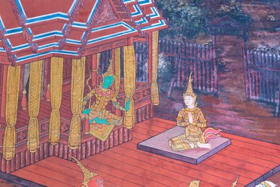 Cenas murais representando o Ramayana em Wat Phra Kaeo, o Grande Palácio Real, Banguecoque, Tailândia de Thai School
