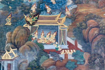 Cenas murais representando o Ramayana em Wat Phra Kaeo, o Grande Palácio Real, Banguecoque, Tailândia de Thai School
