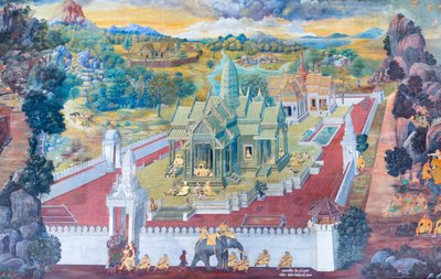 Cenas murais representando o Ramayana em Wat Phra Kaeo, o Grande Palácio Real, Banguecoque, Tailândia de Thai School