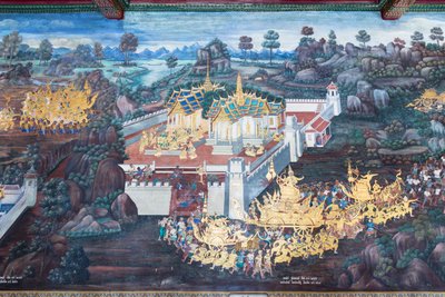 Cenas murais representando o Ramayana em Wat Phra Kaeo, o Grande Palácio Real, Banguecoque, Tailândia de Thai School