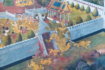 Cenas murais representando o Ramayana em Wat Phra Kaeo, o Grande Palácio Real, Banguecoque, Tailândia de Thai School