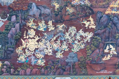 Cenas murais representando o Ramayana em Wat Phra Kaeo, o Grande Palácio Real, Banguecoque, Tailândia de Thai School