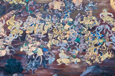 Cenas murais representando o Ramayana em Wat Phra Kaeo, o Grande Palácio Real, Banguecoque, Tailândia de Thai School