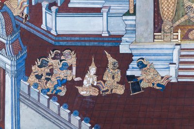 Cenas murais representando o Ramayana em Wat Phra Kaeo, o Grande Palácio Real, Banguecoque, Tailândia de Thai School