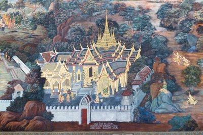 Cenas murais representando o Ramayana em Wat Phra Kaeo, o Grande Palácio Real, Banguecoque, Tailândia de Thai School