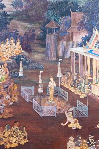 Cenas murais representando o Ramayana em Wat Phra Kaeo, o Grande Palácio Real, Banguecoque, Tailândia de Thai School