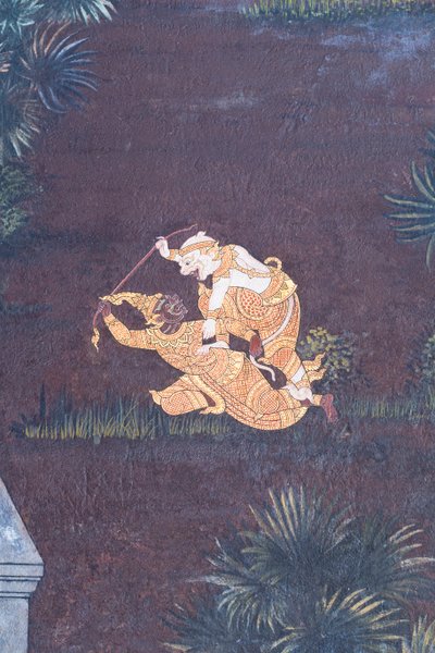 Cenas murais representando o Ramayana em Wat Phra Kaeo, o Grande Palácio Real, Banguecoque, Tailândia de Thai School