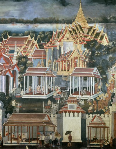 Ofertas feitas aos monges no Templo do Buda de Esmeralda, 1864 (pintura de parede) de Thai School