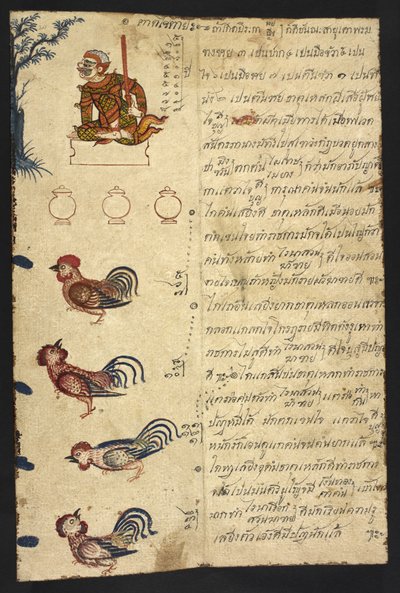 Ou 4830 f.20 O Ano do Galo, de um "Manual de adivinhação tailandês (Phrommachat), contendo horóscopos baseados no zodíaco chinês" (tinta e cor sobre papel) de Thai School