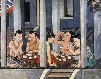 Pessoas, comer, baixo, redondo, tabelas, chamado, kantoke, meio, 19º, século, (wall, painting) de Thai School