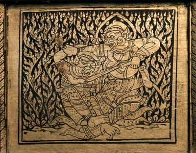 ARTE TAI: Um episódio do "Ramayana". Armário de livros, ao estilo de Banguecoque. de Thai School